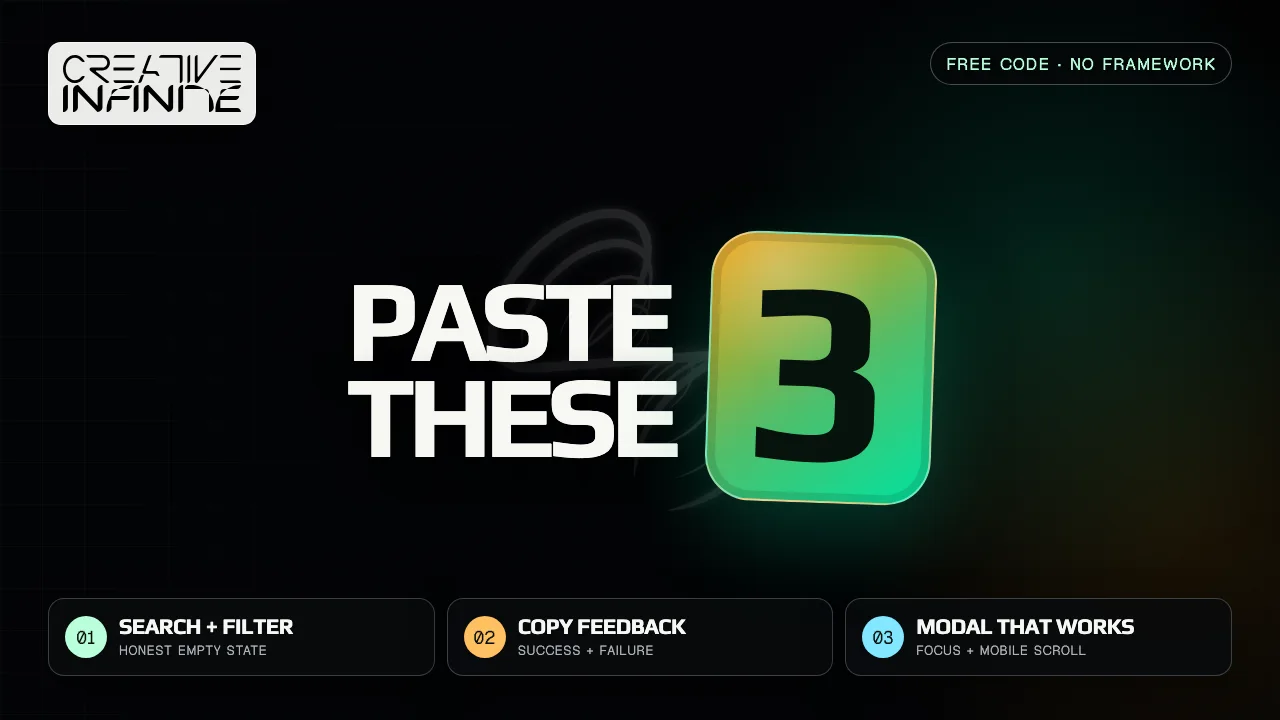 Build Module 001 thumbnail reading Paste These 3 with Search and Filter, Copy Feedback, and Modal That Works.