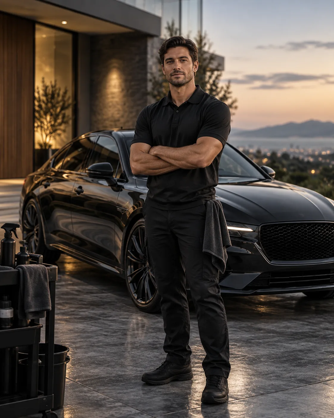Detailer standing beside a dark sedan at a residence