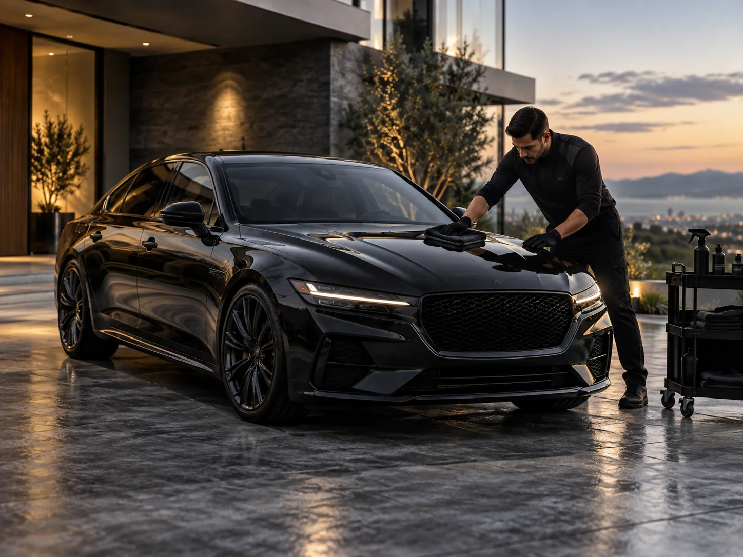 Detailer polishing the hood of a dark sedan