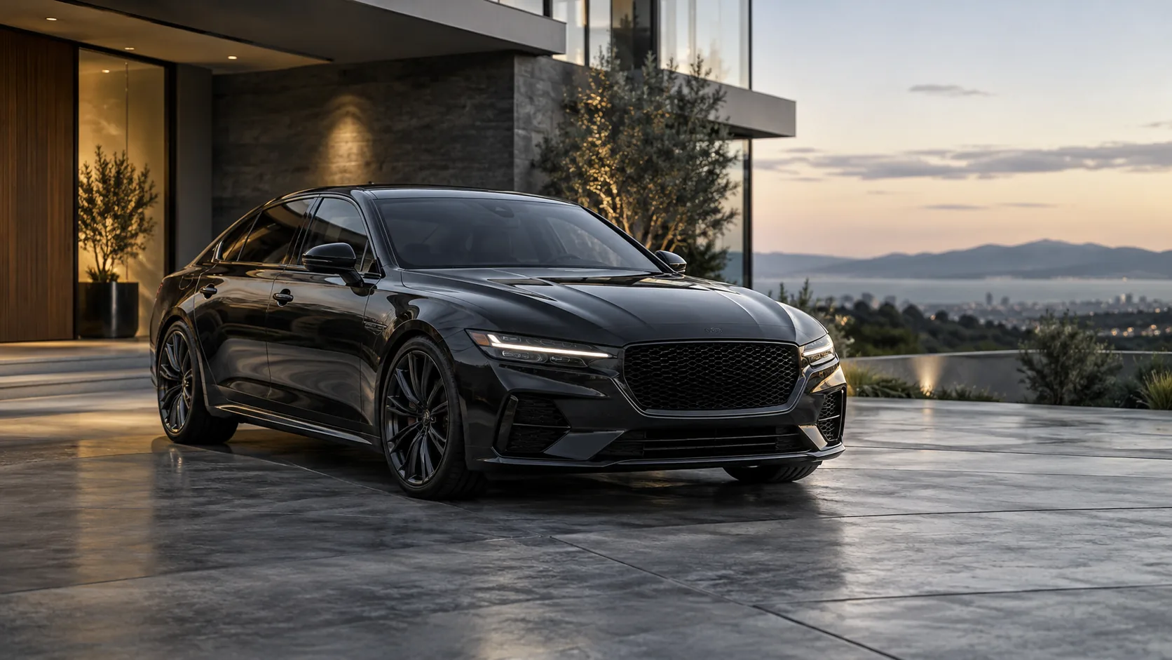 Glossy dark sedan outside a modern home