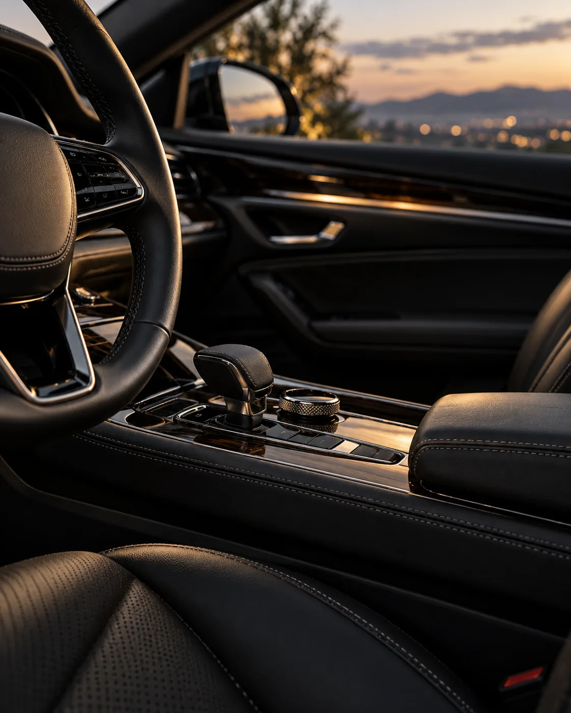 Dark vehicle interior with stitched leather and polished controls