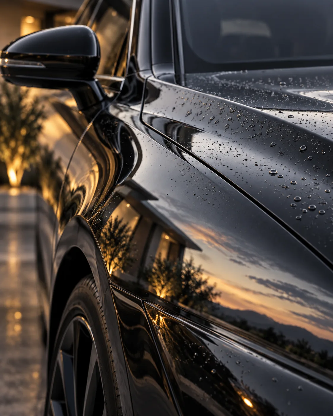 Water beading across the reflective paint of a dark sedan