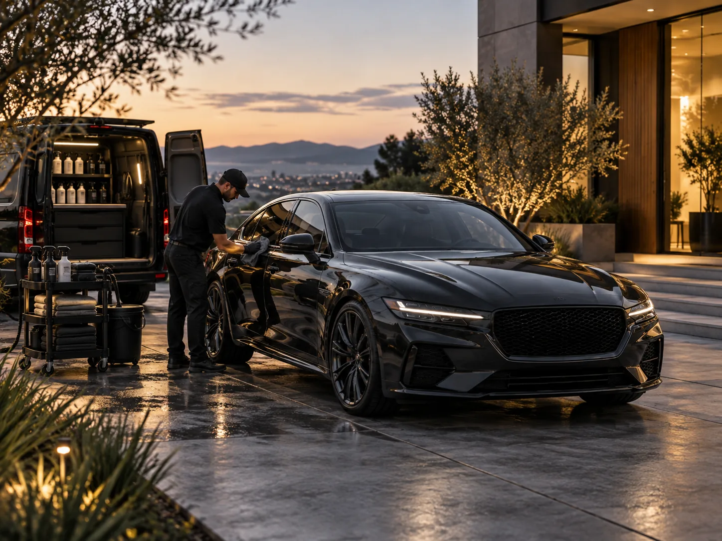 Mobile detailer working beside a dark sedan at a residence