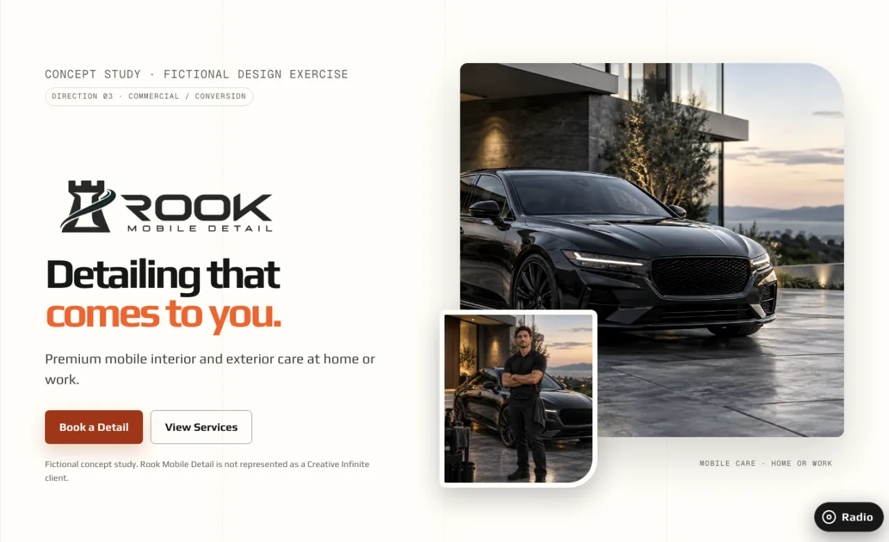 Commercial Conversion desktop hero for the fictional Rook Mobile Detail study