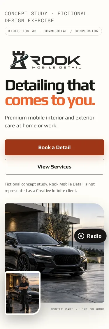 Commercial Conversion phone hero for the fictional Rook Mobile Detail study