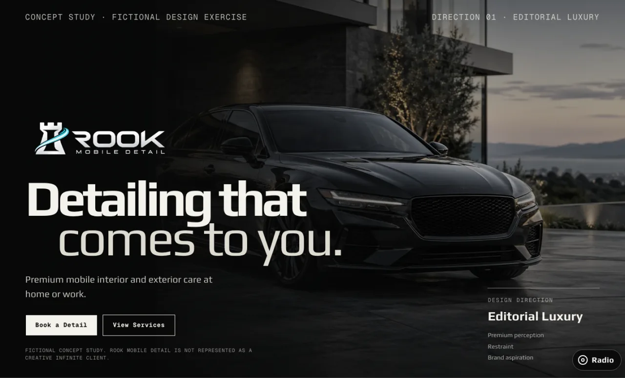 Editorial Luxury desktop hero for the fictional Rook Mobile Detail study