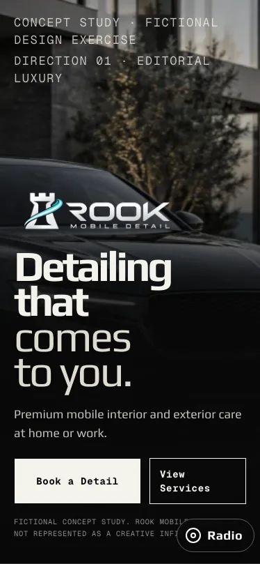 Editorial Luxury phone hero for the fictional Rook Mobile Detail study
