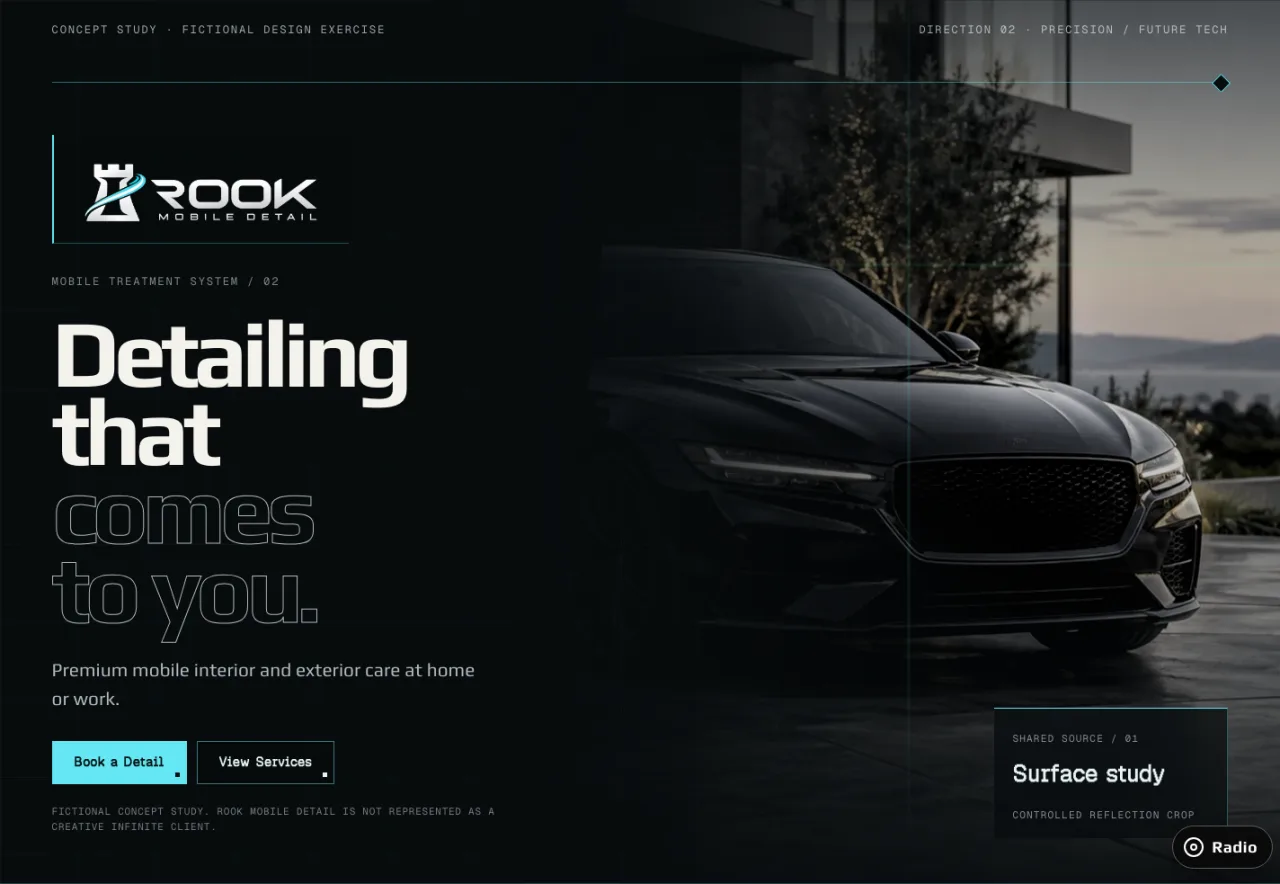 Precision Future Tech desktop hero for the fictional Rook Mobile Detail study