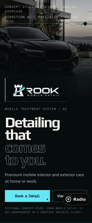 Precision Future Tech phone hero for the fictional Rook Mobile Detail study